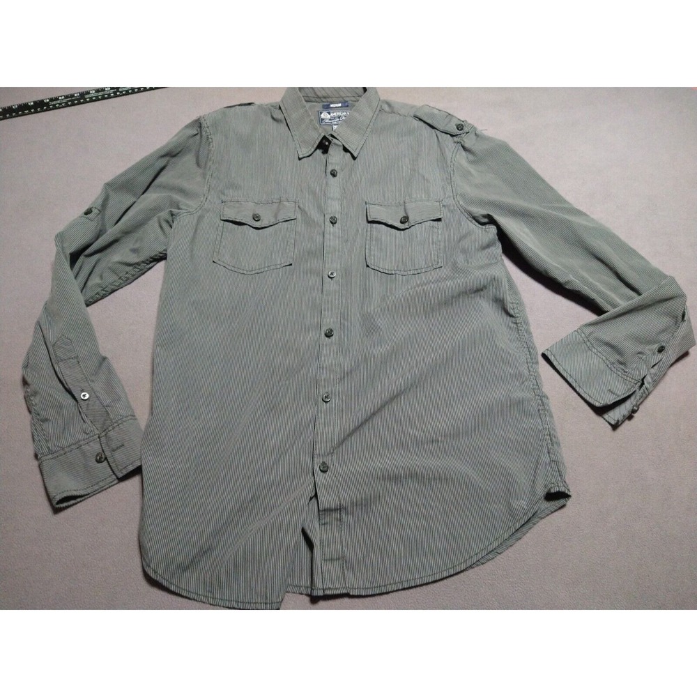 American Rag Shirt Men M Black/Gray Stripe Roll Tab Sleeves Epaulettes Preppy